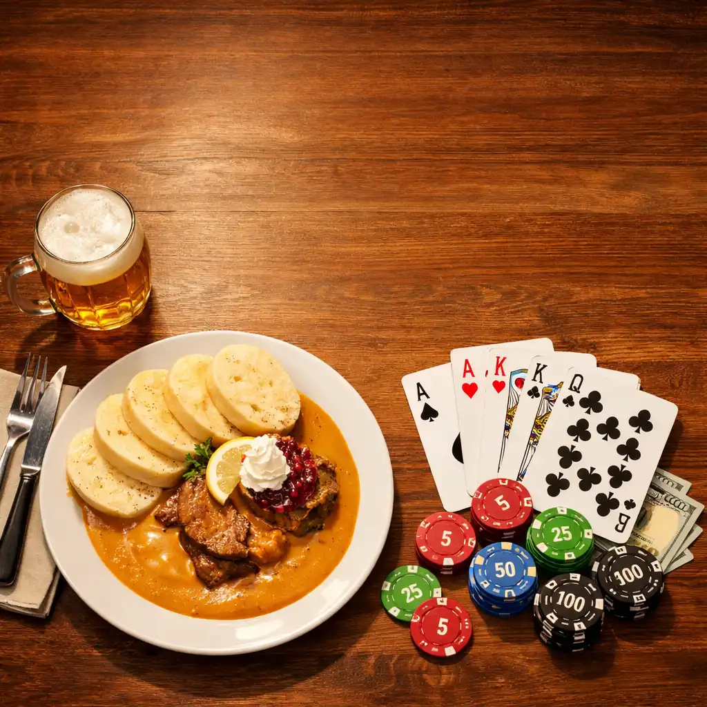 Talíř s českým jídlem vedle pokerových karet a žetonů