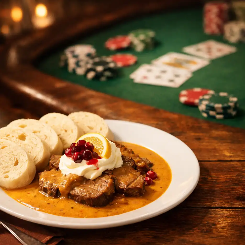 Elegantně naservírovaný český pokrm v popředí a v pozadí rozmazaný pokerový stůl se žetony a kartami