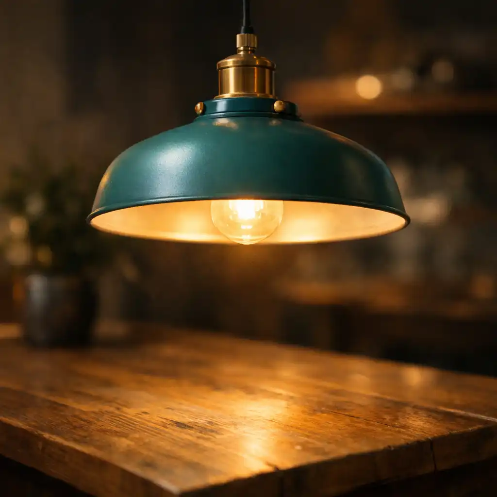 Závěsná lampa s tyrkysovým kovovým stínidlem nad dřevěným stolem s teplým světlem