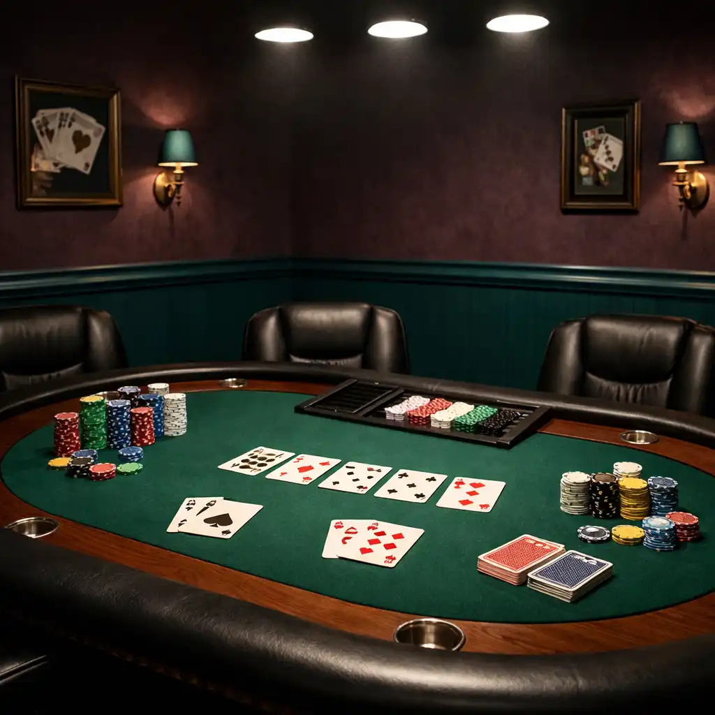Pokerový stůl se zelenou plstí, keramickými žetony a kartami v tmavé místnosti s tyrkysovými akcenty