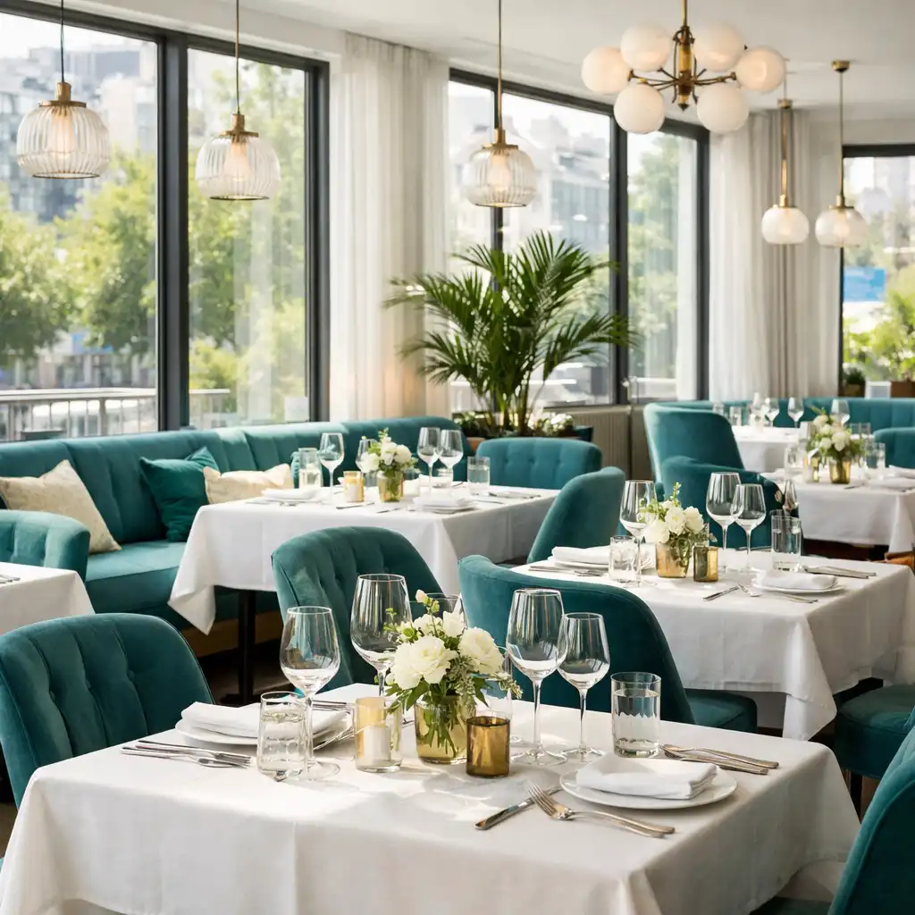 Hlavní jídelní prostor restaurace s velkými okny, elegantními stoly a tyrkysovými akcenty