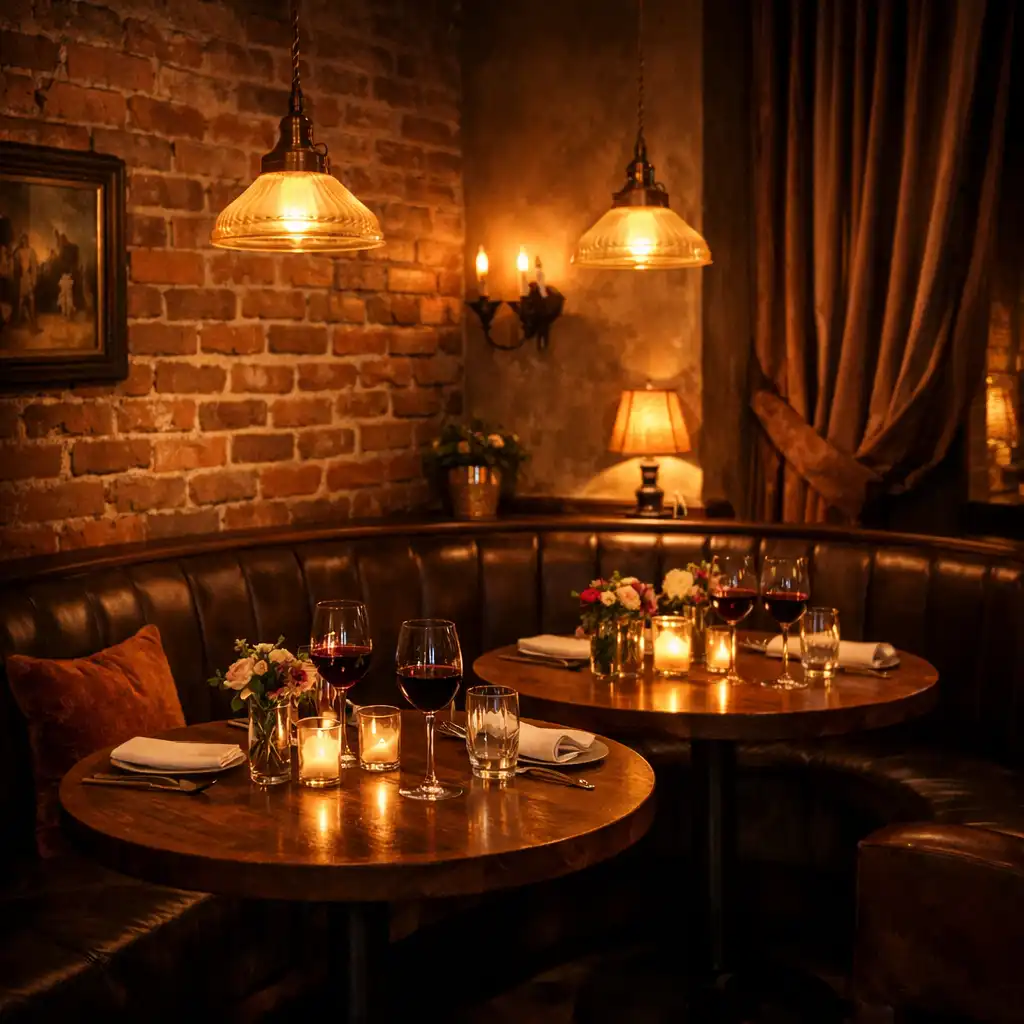 Polosoukromý kout restaurace s intimním posezením, teplým osvětlením a cihlovou zdí