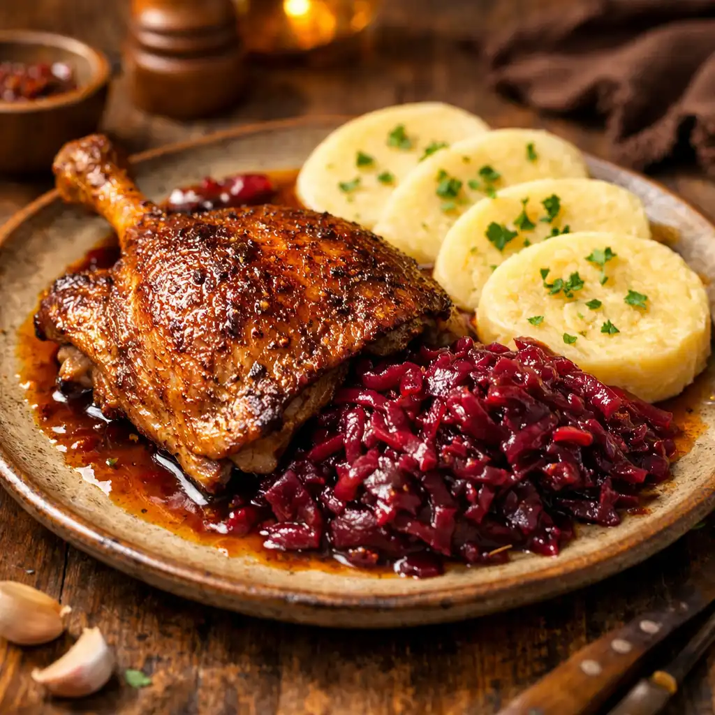 Pečená kachna s červeným zelím a bramborovým knedlíkem