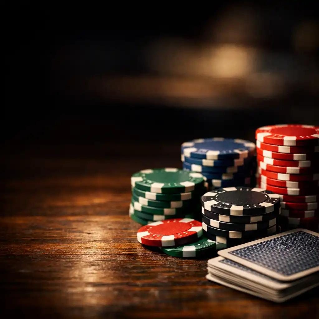 Detail pokerových žetonů a karet na tmavém dřevěném stole