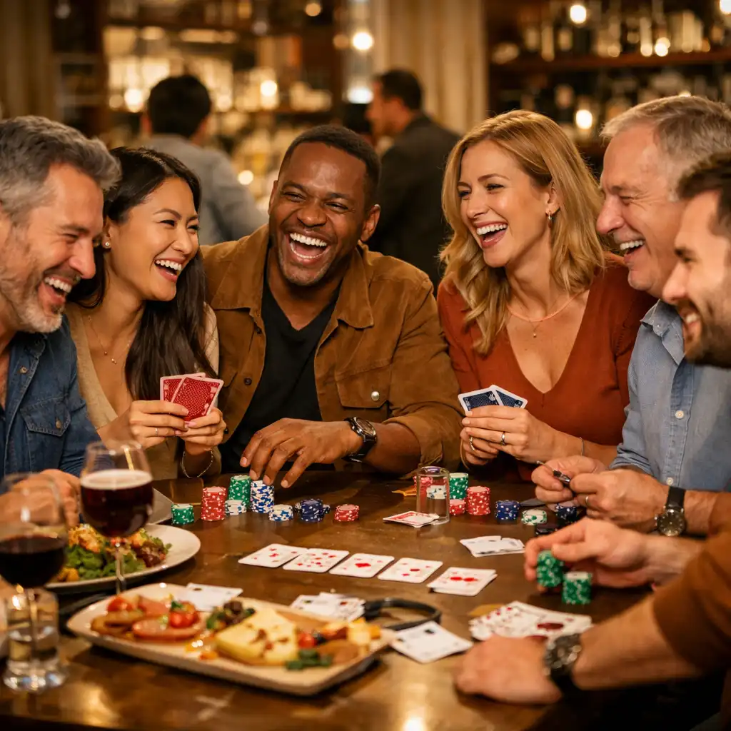 Skupina lidí si užívá večeři a hraje poker v restauraci, smějí se a baví se