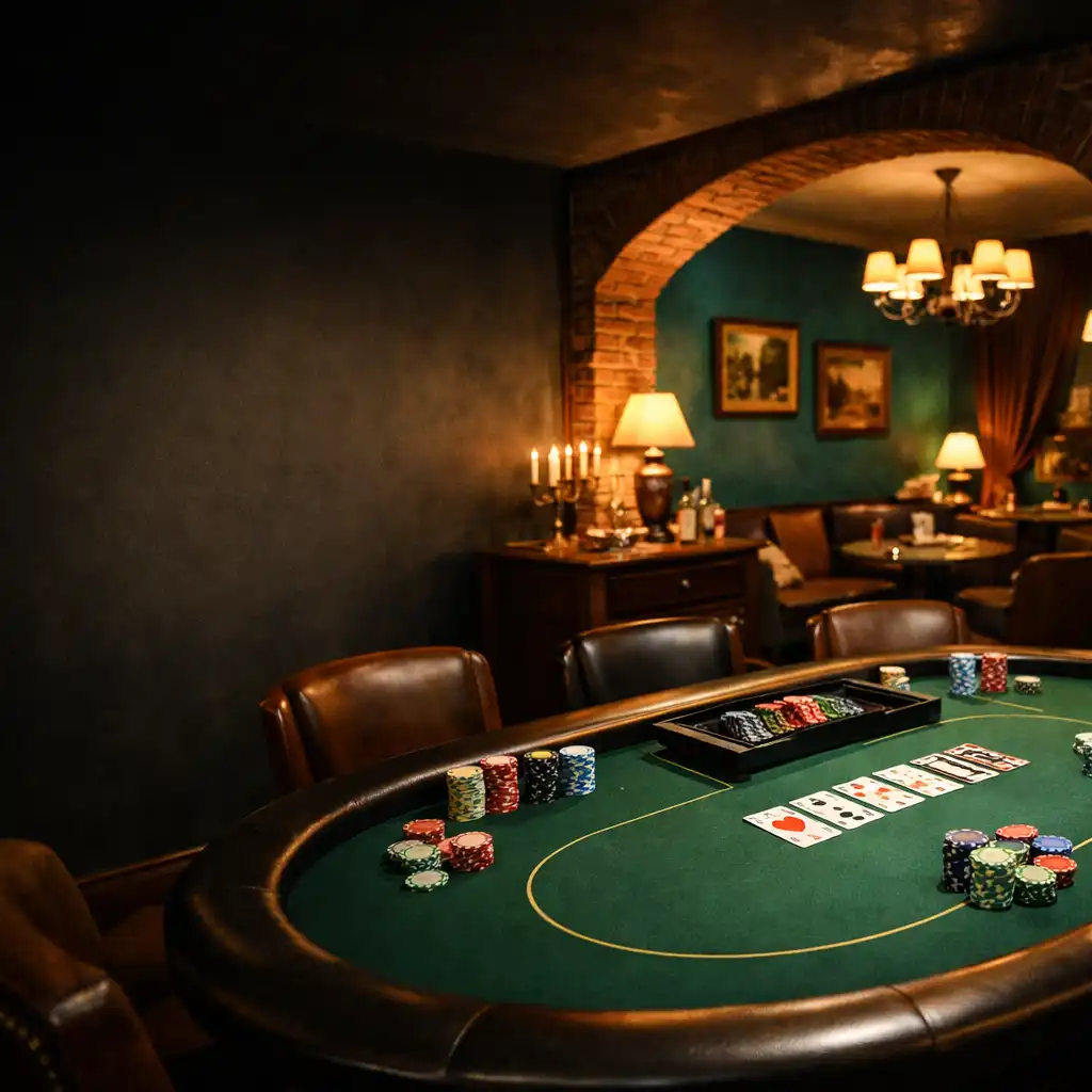 Pokerový stůl s kartami a žetony v elegantním Poker Roomu Lahodného Koutku