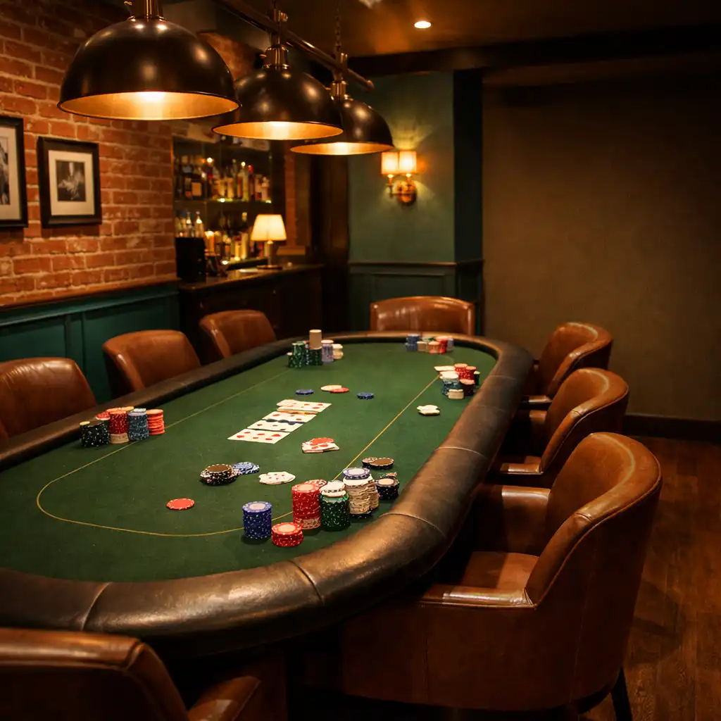 Interiér Poker Room s pokerovým stolem a teplým osvětlením