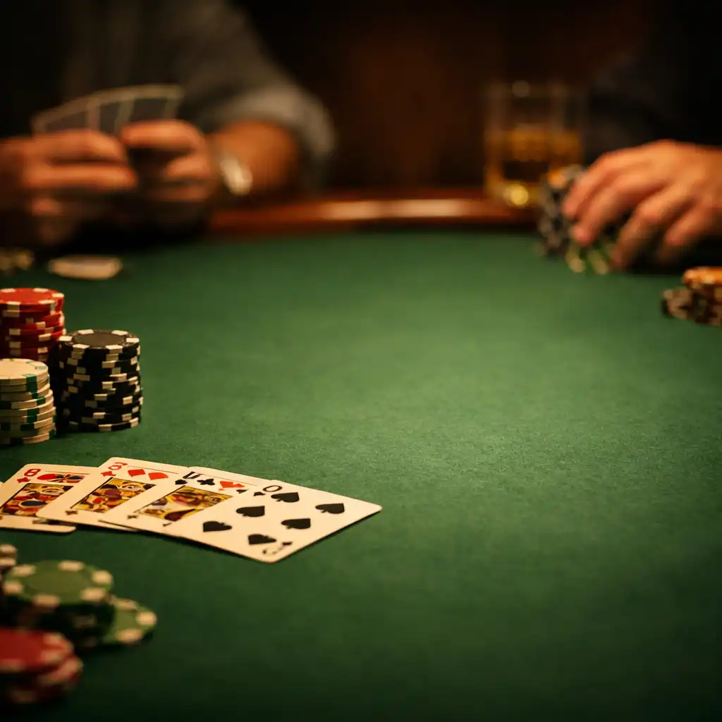 Pokerový stůl s kartami a žetony v teplém osvětlení