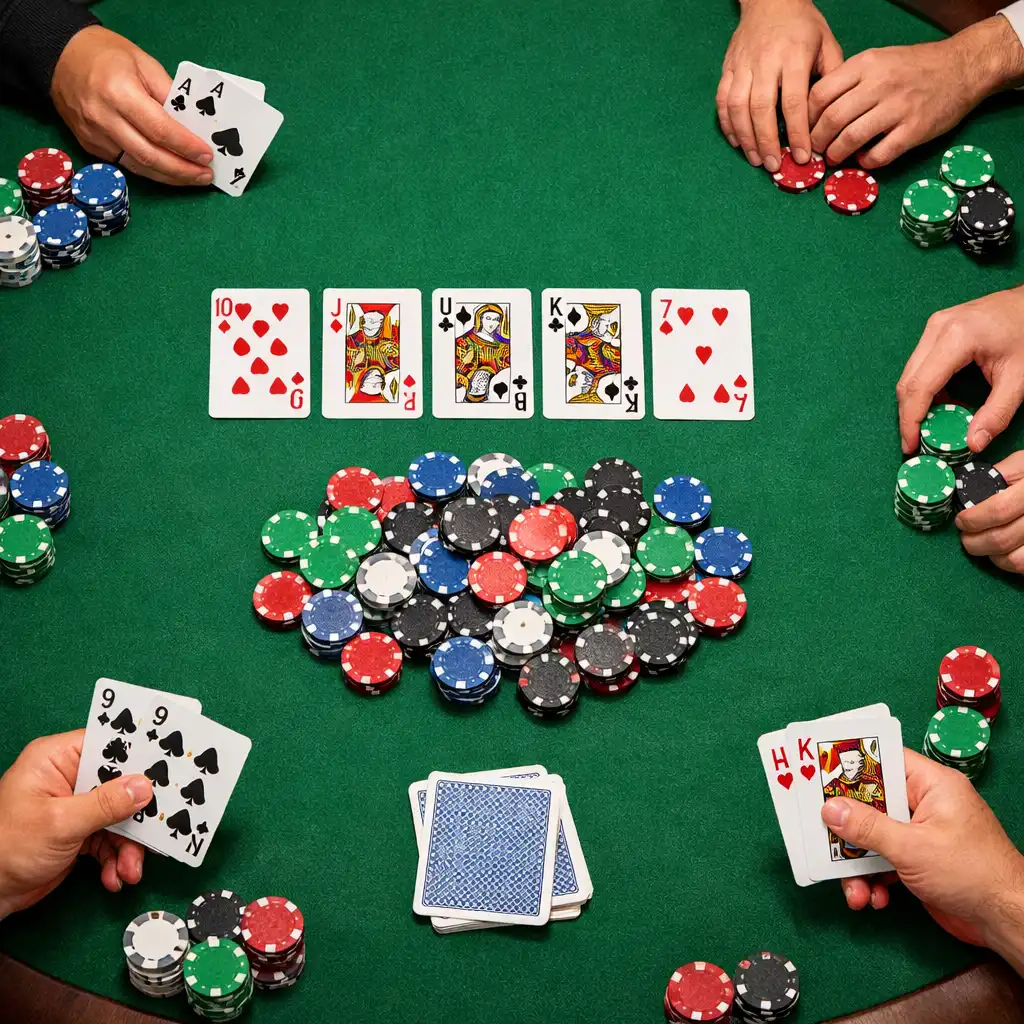 Pohled shora na pokerový stůl s komunitními kartami a žetony během hry