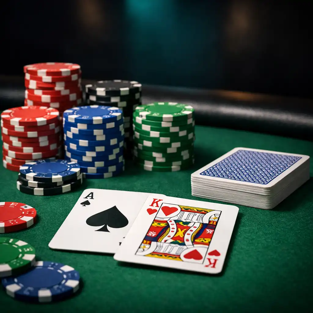 Profesionální pokerový stůl s kartami a barevnými žetony