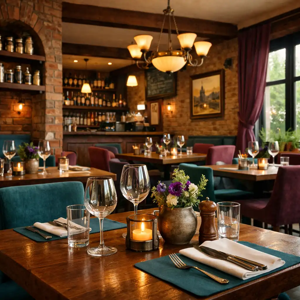 Interiér restaurace Lahodný Koutek s cihlovými zdmi, dřevěnými stoly a teplým osvětlením