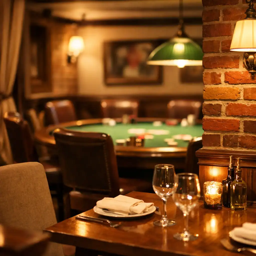 Teplý interiér restaurace Lahodný Koutek s cihlovými zdmi, dřevěnými stoly a jemným osvětlením