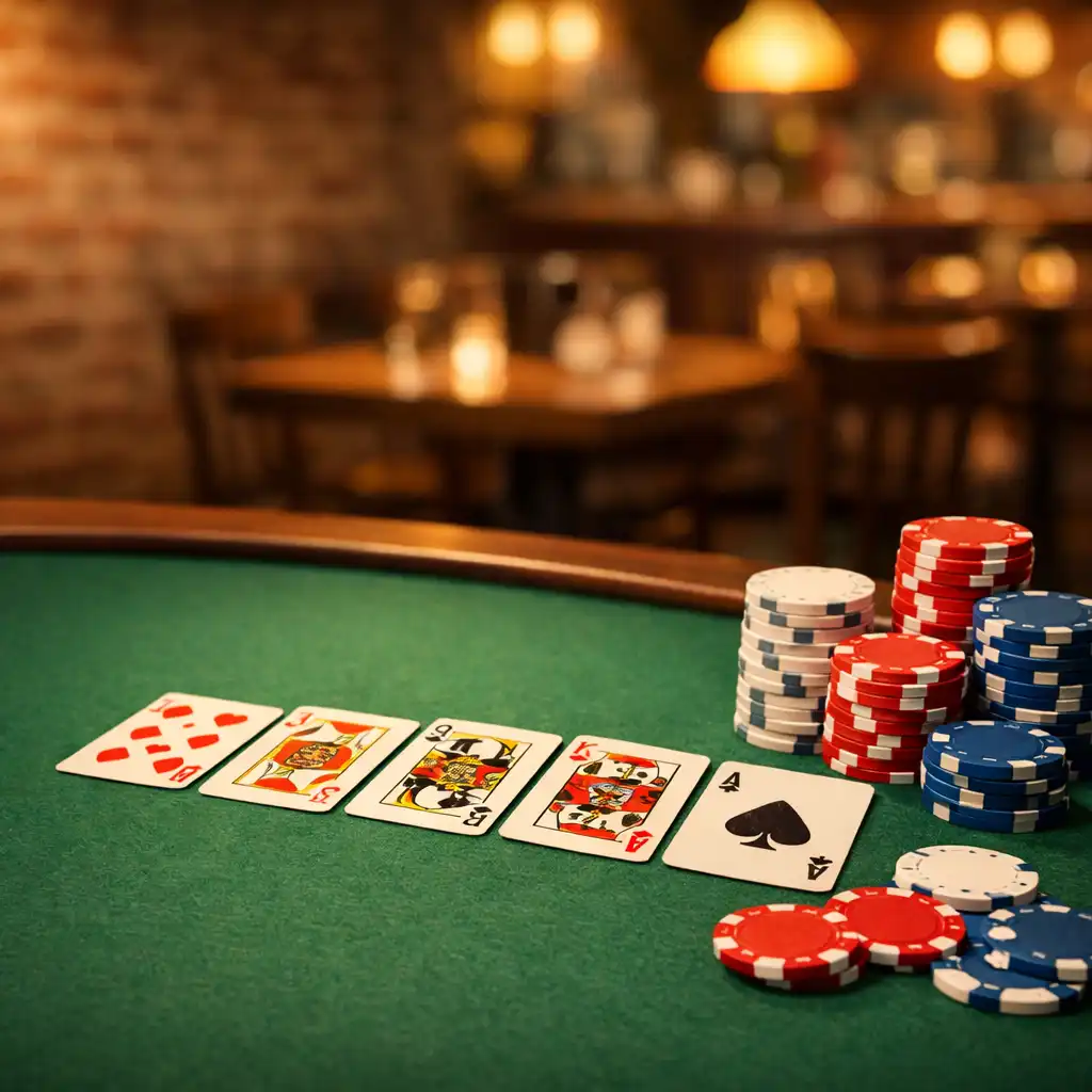 Pokerový stůl s kartami a žetony v teplém světle restaurace